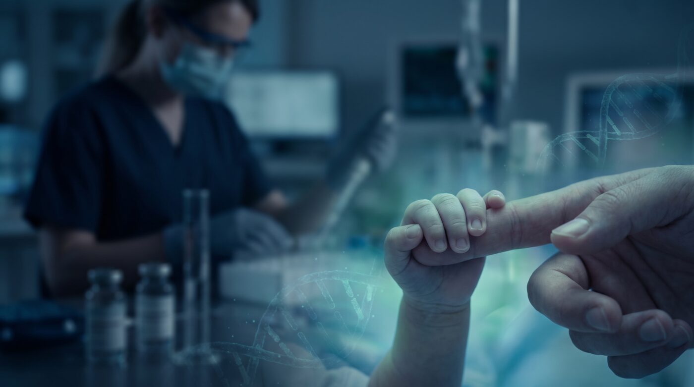 Editorial photograph in navy and teal tones of a newborn's hand gripping an adult's finger in a clinical genomics laboratory, with an abstract DNA double-helix overlay