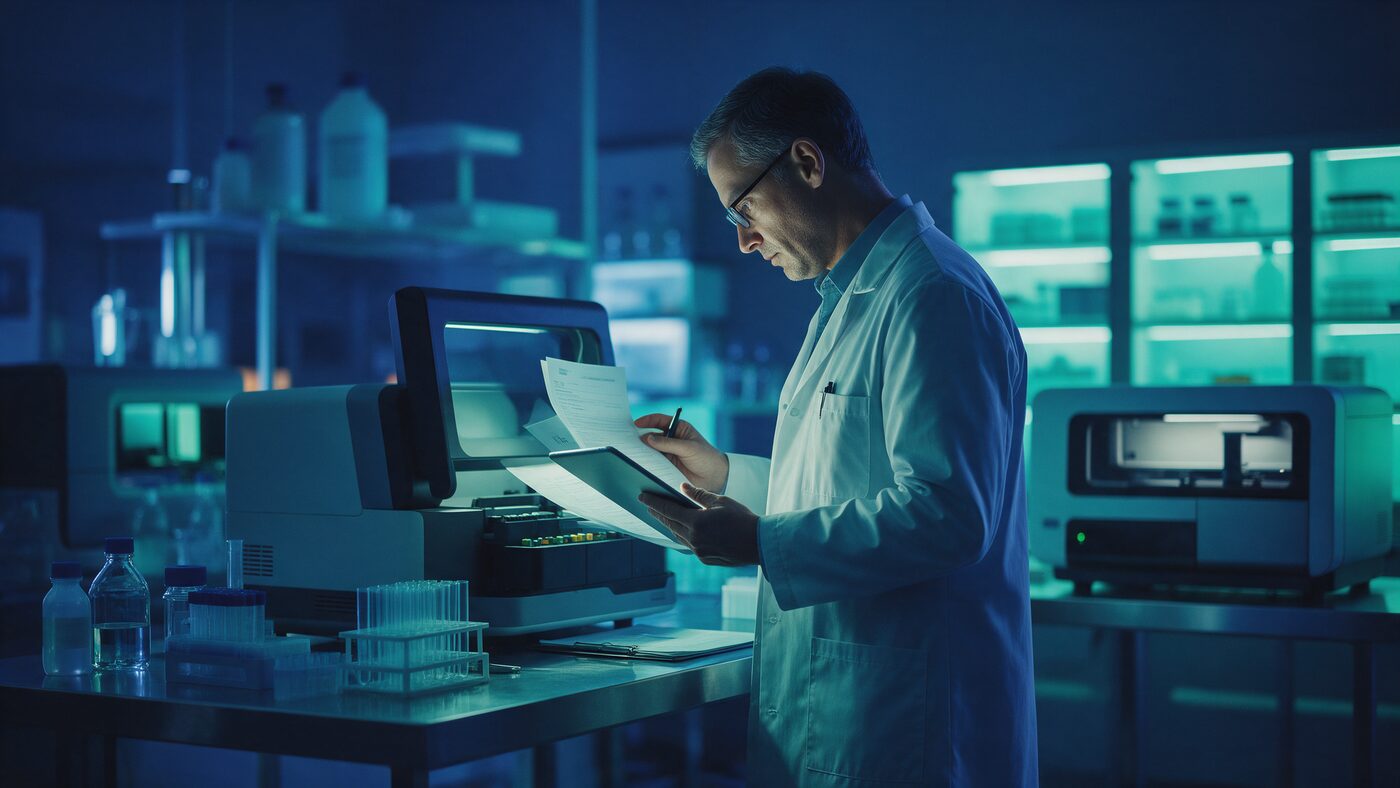 Editorial photograph evoking regulatory audit and compliance review at a molecular diagnostics laboratory, in deep navy and teal tones