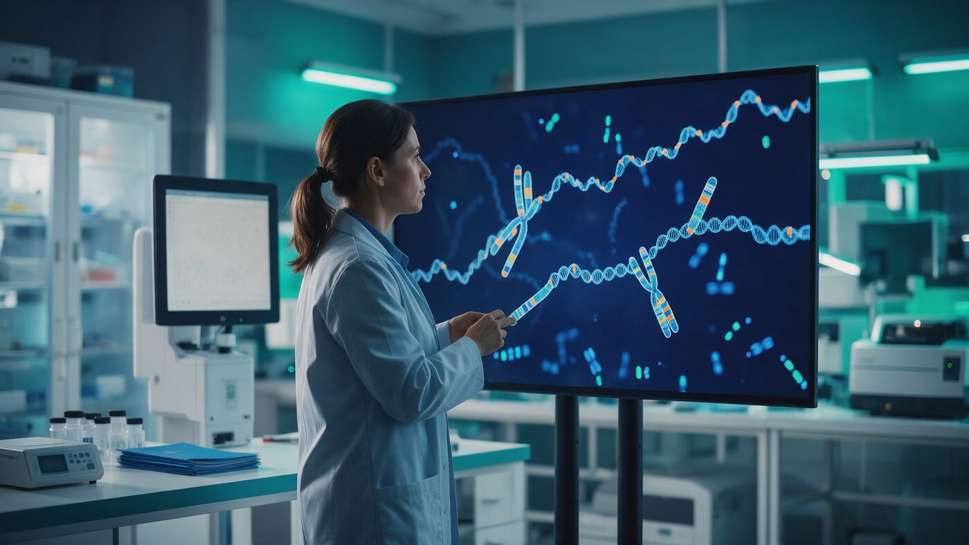 Molecular lab scientist reviewing genome-wide structural variant data on a monitor in a navy-and-teal toned cytogenetics laboratory