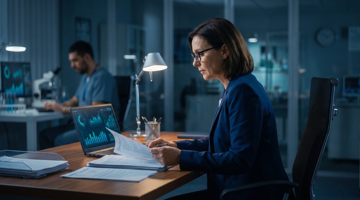 Editorial photograph in deep navy and teal tones of a molecular laboratory billing and coding office, symbolizing PLA code and reimbursement decision-making.