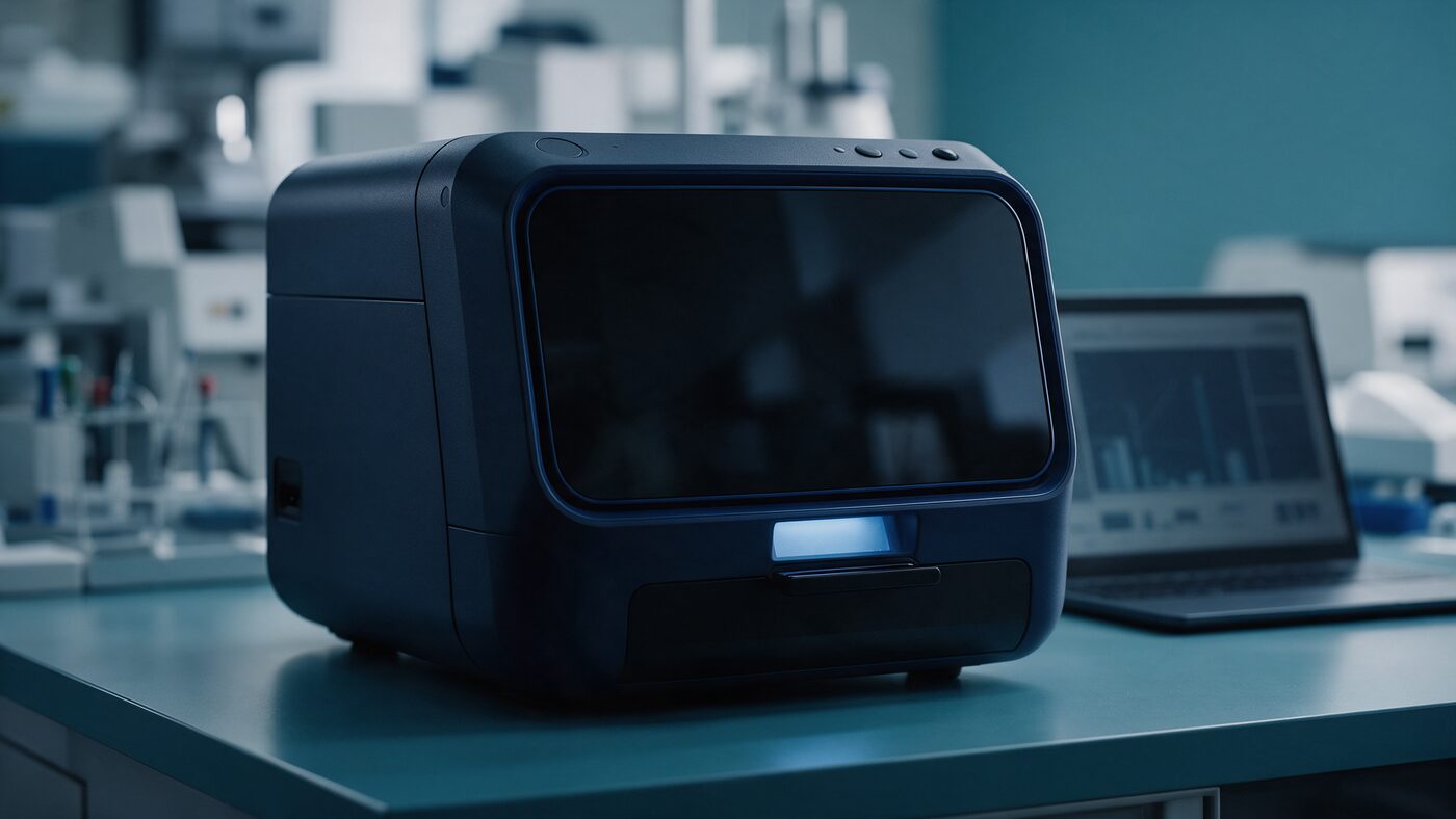 Clinical laboratory workstation with sequencing equipment in navy and teal tones
