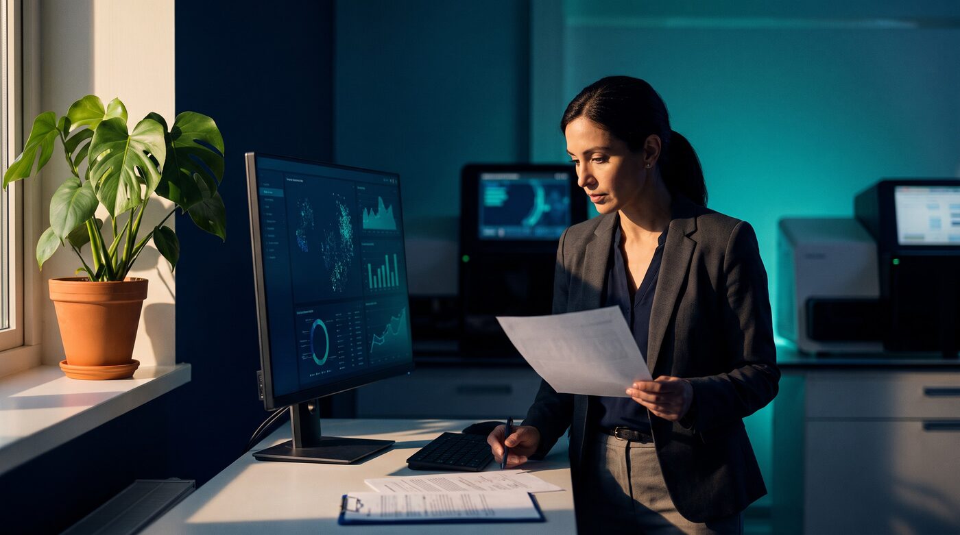 Editorial healthcare photograph in deep navy and teal tones representing genetic-testing revenue-cycle and compliance review
